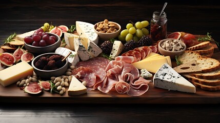 A rustic wooden board adorned with an array of artisanal cheeses, cured meats, olives, and crackers, perfect for a gourmet cheese platter.