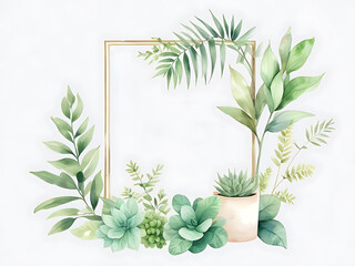 Colorful picture frame with lush houseplants in terracotta pots with detailed leaves. on a white background