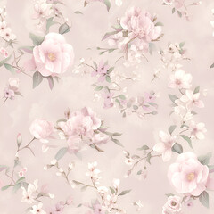 cherry blossom, pink roses, floral print, Continuous in four directions