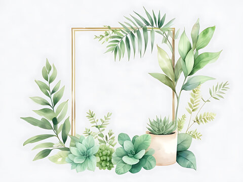 watercolor green leaves frame, gold border, white background clip art preview