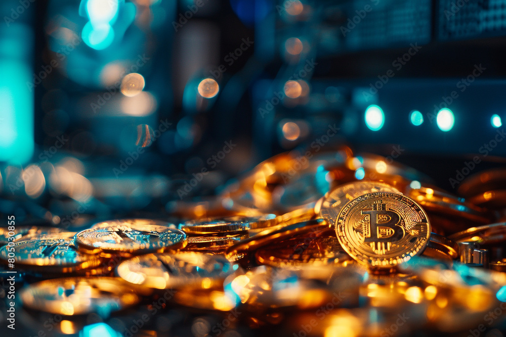 Poster close-up of a pile of bitcoin coins with a blurred cryptocurrency mining rig in the background