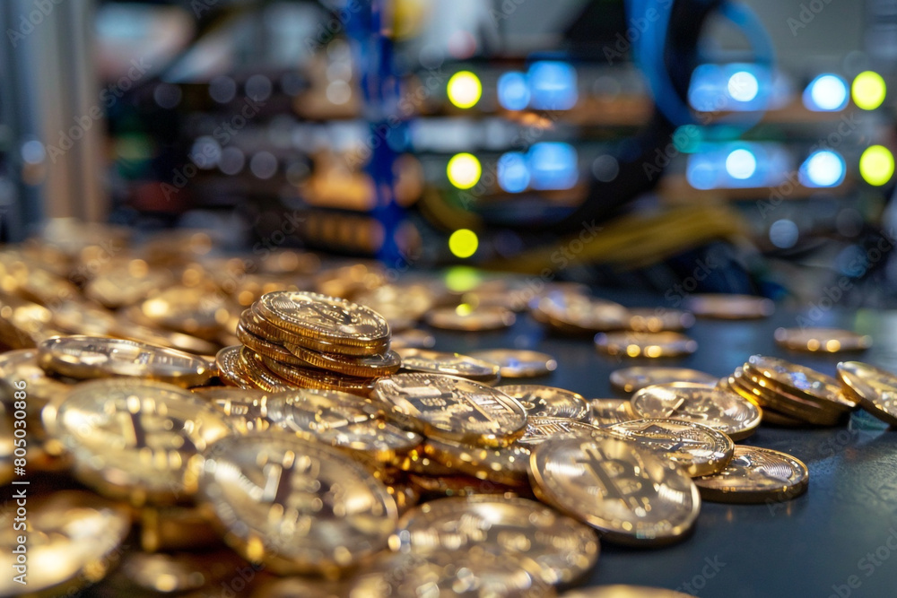 Poster close-up of a pile of bitcoin coins with a blurred cryptocurrency mining rig in the background