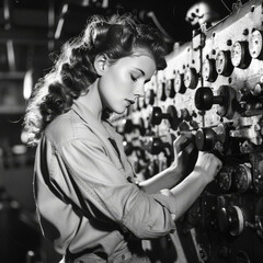 Woman Defense Worker During World War II.  Generated Image.  A digital rendering of a woman defense worker during World War II.  Rosie the Riveter.  