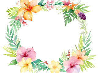 Colorful picture frames of various tropical flowers, frangipani and hibiscus, all surrounded by lush green leaves on a white background.
