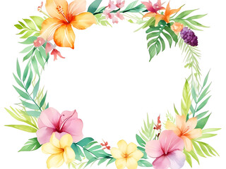 Obraz premium Colorful picture frames of various tropical flowers, frangipani and hibiscus, all surrounded by lush green leaves on a white background.