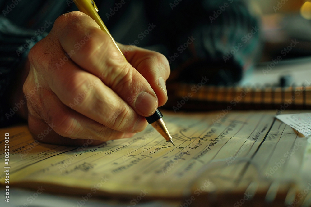 Poster close-up of a policy maker's hand writing notes on a report about quantitative easing measures