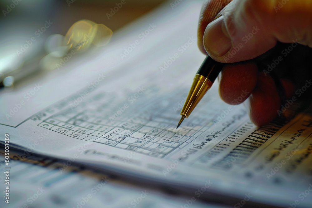 Poster close-up of a policy maker's hand writing notes on a report about quantitative easing measures