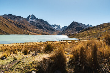 landscape with a laguna in snow covered andes in the national park Huascarán
