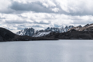 pastoruri glacier landscape with a laguna in snow covered andes in the national park Huascarán