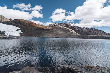 pastoruri glacier landscape with a laguna in snow covered andes in the national park Huascarán