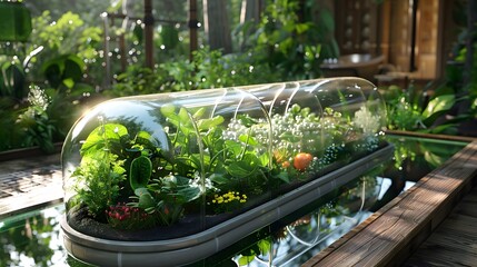 a smart garden system that conserves water, centrally displayed with clear, detailed components. - obrazy, fototapety, plakaty