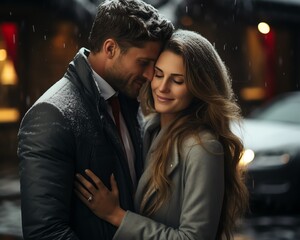 Fototapeta premium Couple embracing beside their car, having just arrived at a snowy cabin retreat