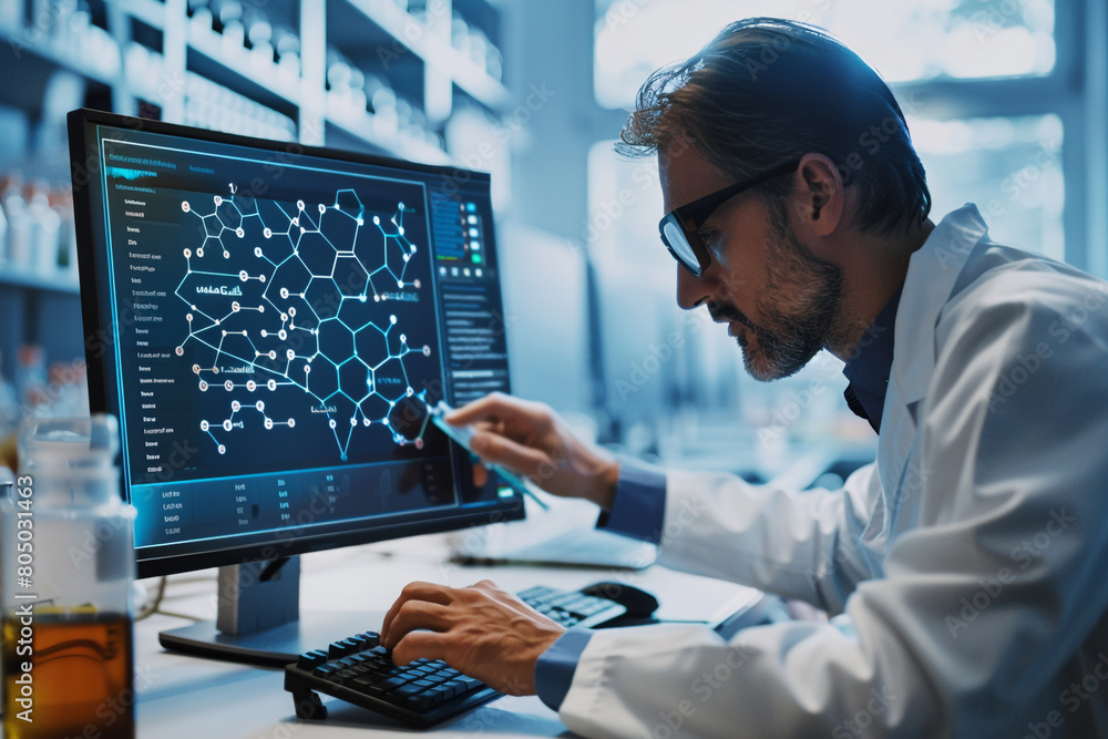 Poster close-up of a scientist analyzing molecular structures on a computer, searching for new drug compoun