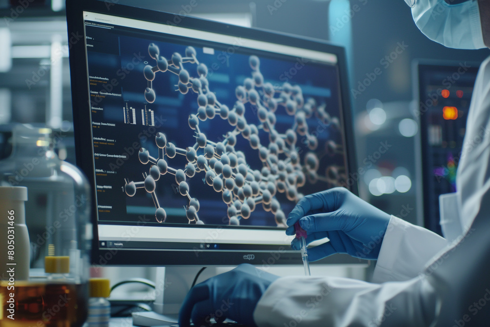 Poster close-up of a scientist analyzing molecular structures on a computer, searching for new drug compoun
