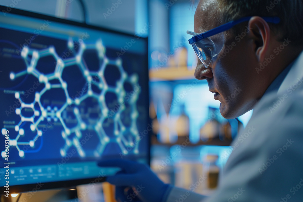Poster close-up of a scientist analyzing molecular structures on a computer, searching for new drug compoun