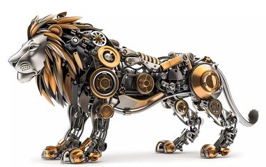 Render of a steampunk metal 3D illustration of a lion, on a white background 