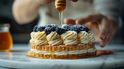   A person pours honey in a drizzle over a cake topped with berries and blueberries - Powered by Adobe