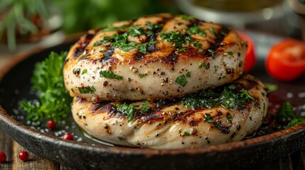   A tight shot of two chicken patties on a plate, garnished with sliced tomatoes and parsley