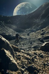A cyclist explores the rugged lunar surface with Earth in the backdrop