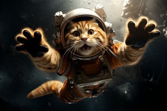 Adorable cat astronaut in a space suit exploring the lunar surface and vast outer space landscape