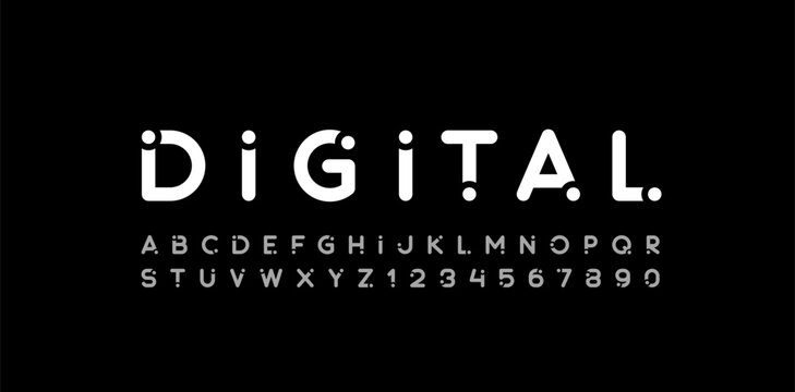 Font digital alphabet with white dots, letters and numbers, vector illustration 10EPS