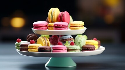 A tray of colorful macarons in assorted flavors and pastel hues, featuring raspberry, pistachio, lemon, and chocolate, arranged in a decorative display.