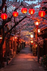 Japanese street with cherry blossoms and red lanterns evening soft lighting