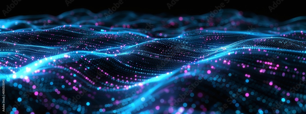 Poster abstract background with black gradient and blue purple glowing dots on dark wave pattern for digita