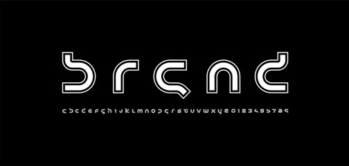 Technology outlines font, digital cyber alphabet made futurism style, lowercase letters A, B, C, D, E, F, G, H, I, J, K, L, M, N, O, P, Q, R, S, T, U, V, W, X, Y, Z and numerals 0, 1, 2, 3, 4-7, 8, 9