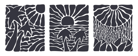 Set of abstract groovy curve seascape. Drawn black sun and sea palm tree in modern vintage style. Organic doodle shapes in trendy naive hippie 60s 70s style.