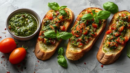   Three slices of bread topped with pesto, accompanied by a bowl of pesto beside them