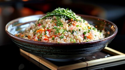   A bowled meal with broccoli and carrots atop a weathered wooden table - close-up view