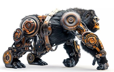 Render of a steampunk metal 3D illustration of a gorilla, on a white background 