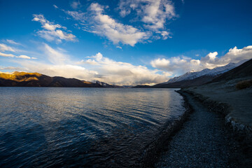 Pangong Lake in the Himalayas, a turquoise lake of Leh, Ladakh in India.