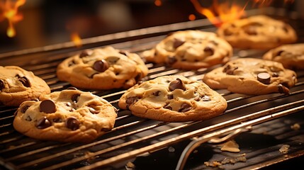 A tray of freshly baked chocolate chip cookies cooling on a wire rack, with golden edges and gooey chocolate chunks peeking through.