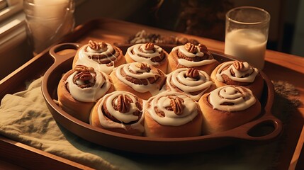 A tray of freshly baked cinnamon rolls topped with cream cheese frosting and chopped pecans, served warm from the oven for a cozy breakfast treat.