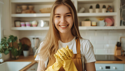 Young woman putting on rubber gloves before cleaning her house