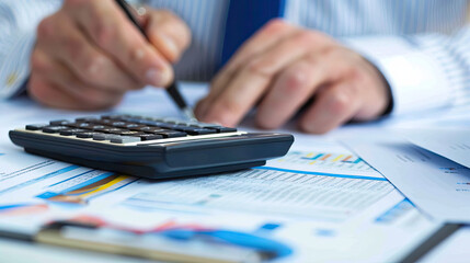 Person calculating finances on a table with a calculator and pen. Suitable for financial planning, budgeting, accounting concepts.
