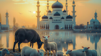 Eid al adha. lamb and sheep in front of a mosque, in the morning sunrise