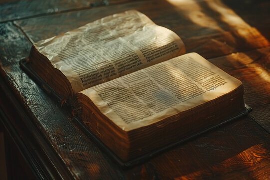 Close-up of an open book on a vintage library table sunlight highlighting the text 