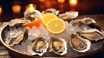 A tray of freshly shucked oysters served on a bed of crushed ice with lemon wedges and cocktail sauce, ready to be enjoyed as a seafood appetizer.