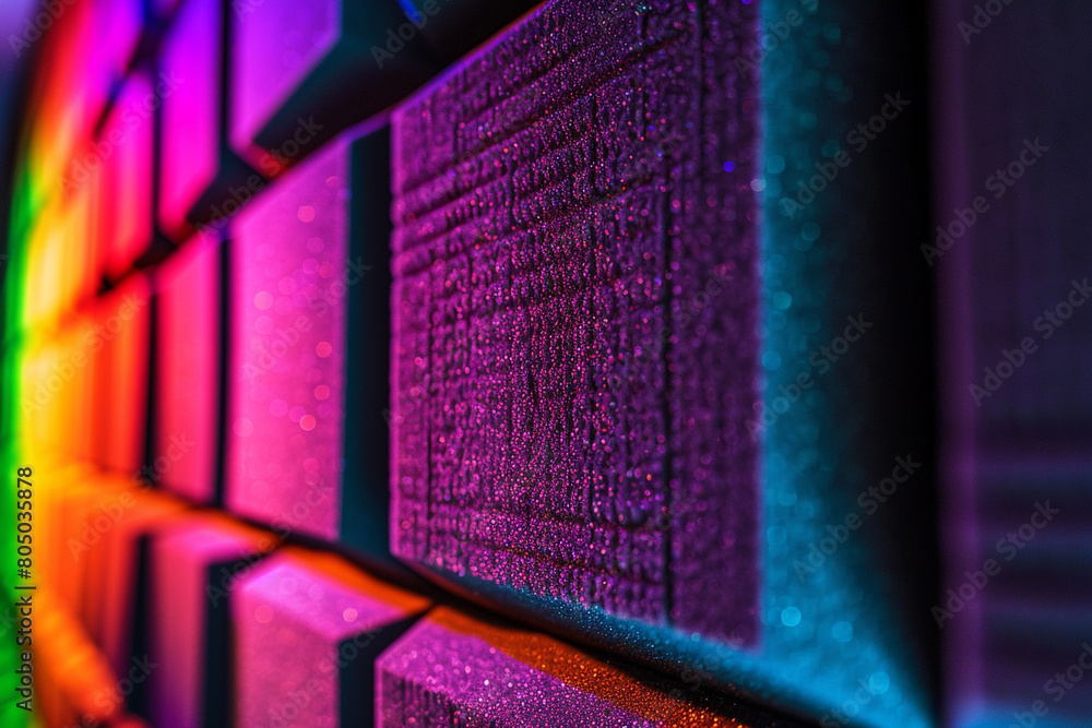 Poster close-up of black acoustical foam walls with vibrant led lights casting colorful shadows, creating a