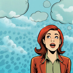 Comic Illustration of a Woman Looking at Thought Clouds