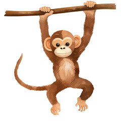 AI-Generated Watercolor cute baby Monkey on a branch Clip Art Illustration. Isolated elements on a white background.
