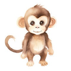 AI-Generated Watercolor Cute Baby Monkey sitting Clip Art Illustration. Isolated elements on a white background.