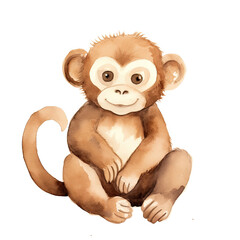 Naklejka premium AI-Generated Watercolor Cute Baby Monkey sitting Clip Art Illustration. Isolated elements on a white background.