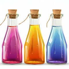 Glass bottles filled with colorful liquids isolated on white background, realistic, png
