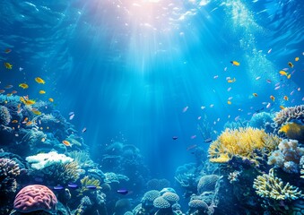Naklejka premium Vibrant Underwater Seascape with Coral Reef and Tropical Fish in Sunlight