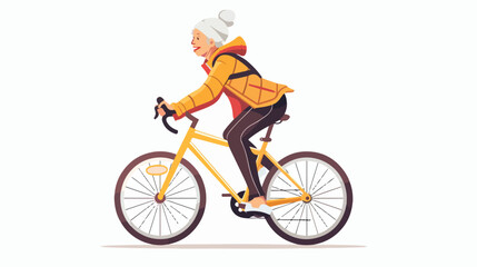 Elderly female character riding bicycle in sportswear