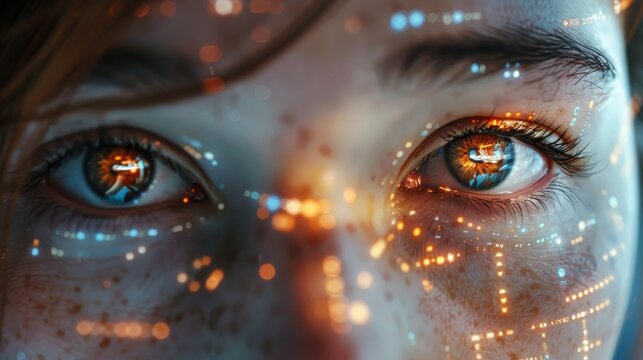 Close-up of a person's face, eyes wide with curiosity, as they interact with an AI device, offering a clear area for textual content